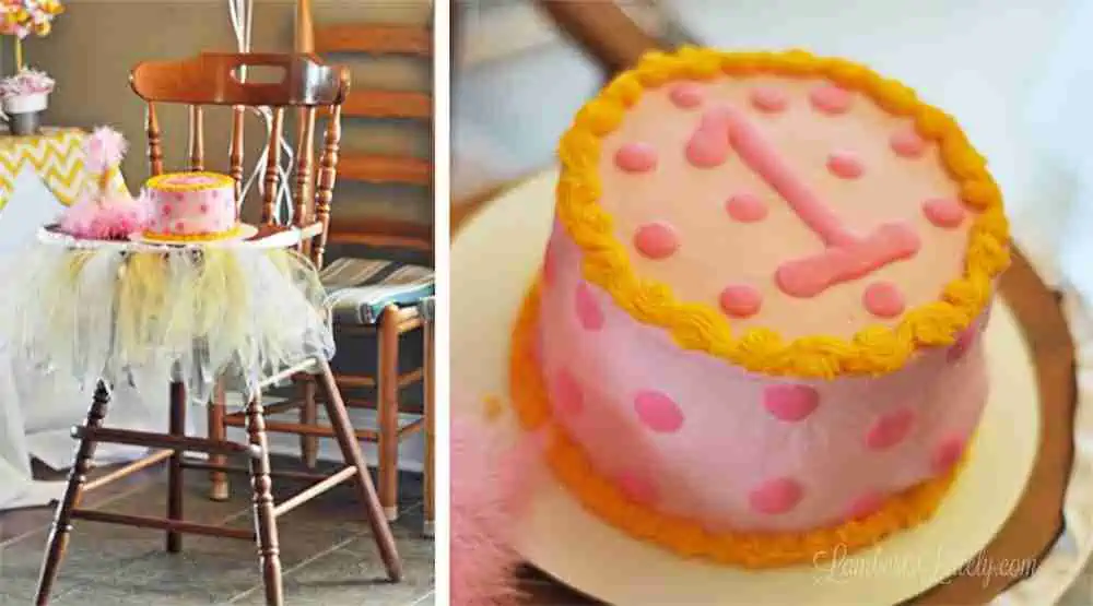 collage of high chair and pink and yellow first birthday cake.