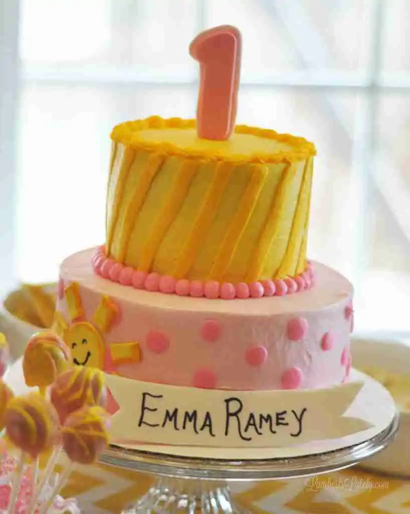 Super cute ideas for a You are My Sunshine first birthday for a girl - lots of yellow/pink/gray colors. Includes menu, cake ideas, decor, etc.