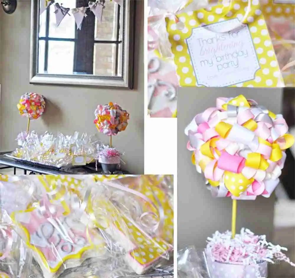 collage of yellow and pink sunshine birthday party decor.