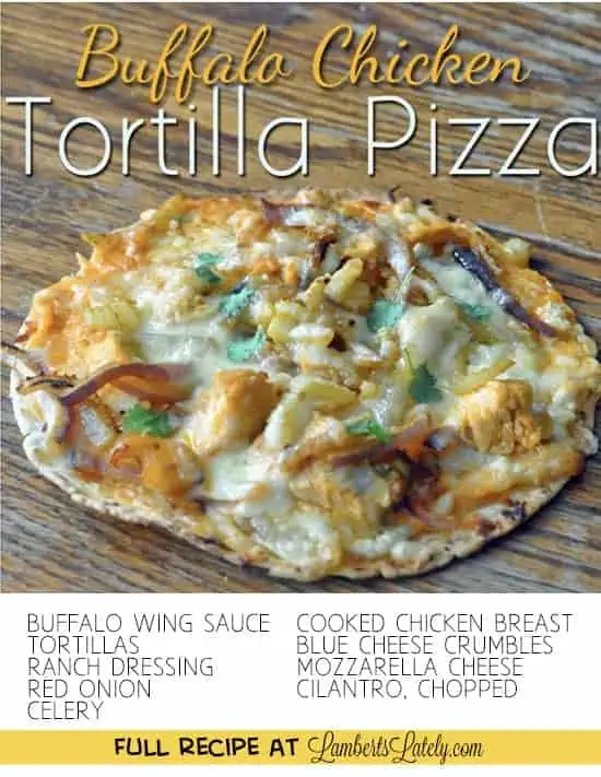 buffalo chicken tortilla pizza on a wood table.