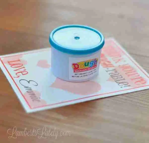 Free Printable Valentines for Play-doh with small jar of dough on top.