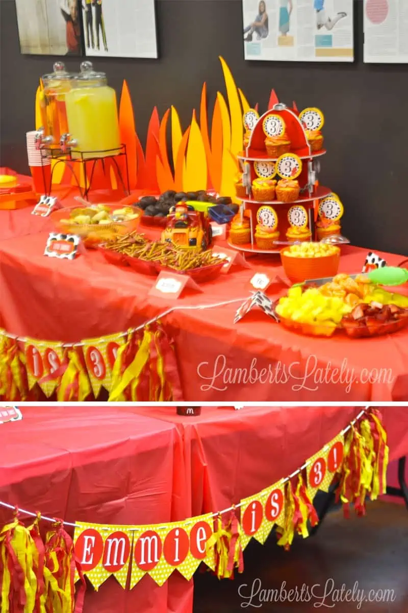 Great food table ideas for fireman / firetruck birthday party!  Menu and free printables included.