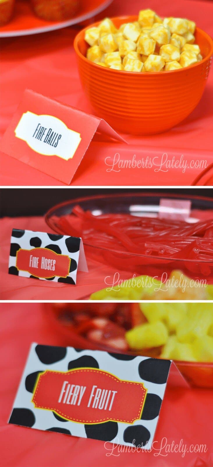 Great food table ideas for fireman/firetruck birthday party!  Menu and free printables included.