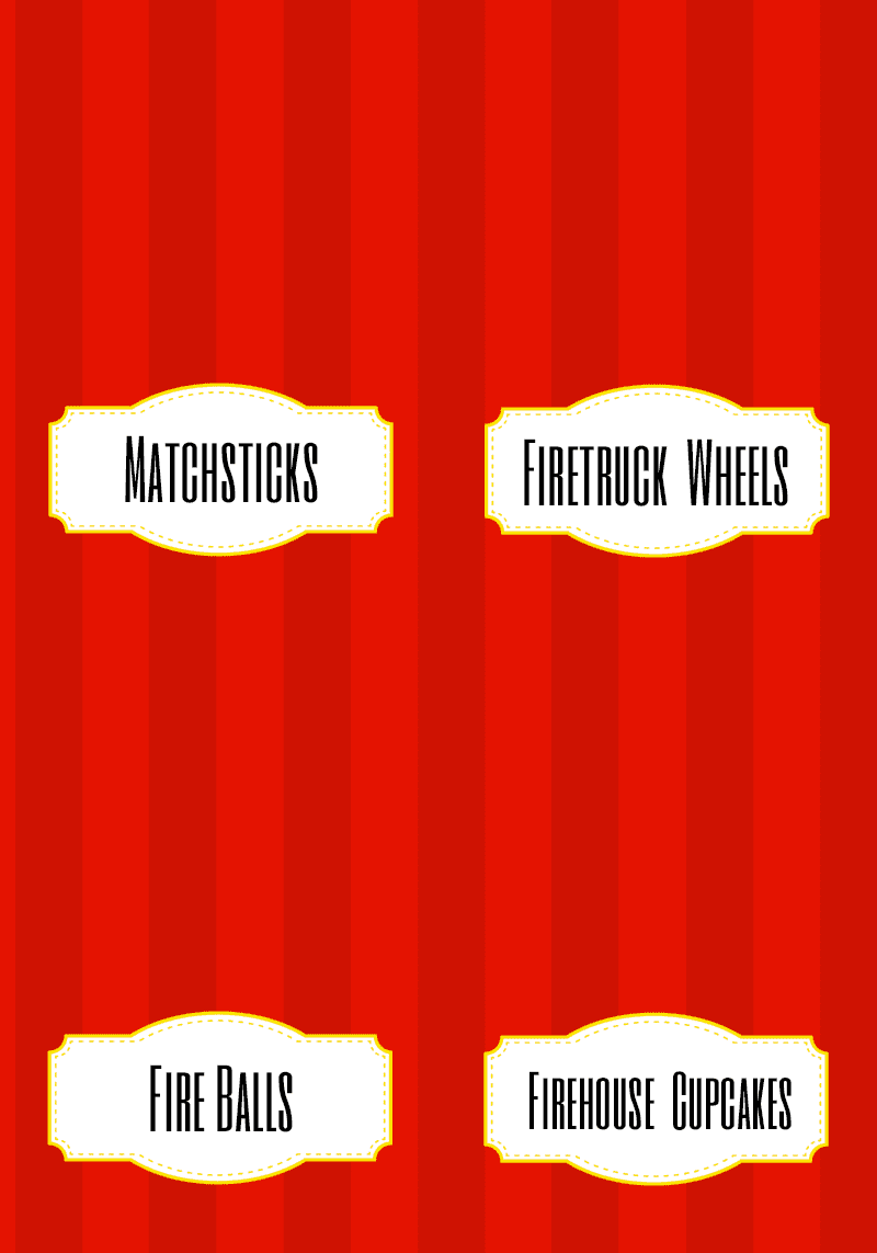 Free printable food labels for a fireman / firetruck birthday party (blank version available too)
