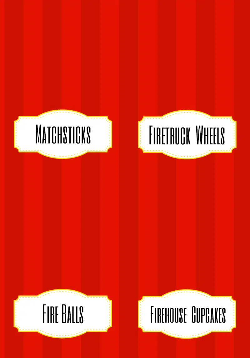 Free printable food labels for a fireman / firetruck birthday party (blank version available too)