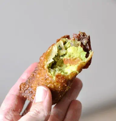 Guacamole Egg Rolls with white queso and salsa to dip.  A great appetizer for Cinco de Mayo or a Mexican themed party!