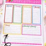 Colorful weekly planner printable with days of the week and decorative elements.