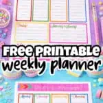Colorful weekly planner printable with sections for each day of the week and decorative background.