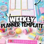 Colorful weekly planner printable with pastel decorations and stationery.