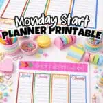Colorful weekly planner printable with pastel stationery and decorative elements.