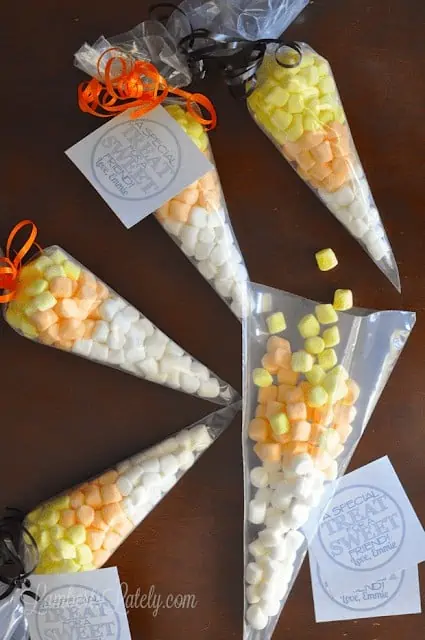 Marshmallow Candy Corn Treat Bags...cute idea for class Halloween treat! Free printable tag included.