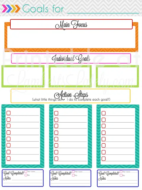 Monthly Goal Setting Free Printable Page || Colorful fun chevron || Ideas for Tracking Goals in the new year