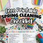 Spring cleaning checklist printable with colorful design and cleaning supplies.
