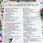 Printable spring cleaning checklist with tips for kitchen, bedrooms, living room, and bathroom.