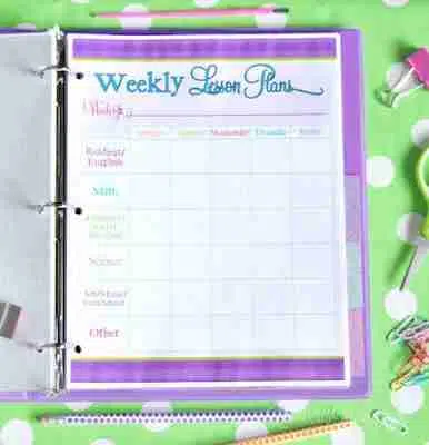 teacher weekly lesson plan printable in a binder.