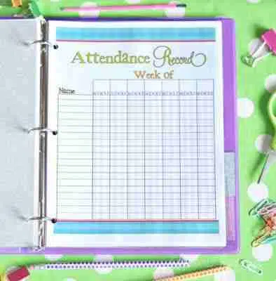 teacher attendance chart printable in a binder.