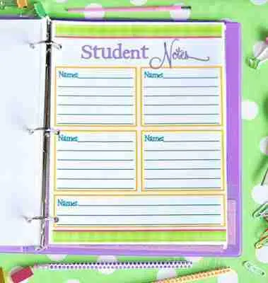 teacher student notes printable in a binder.