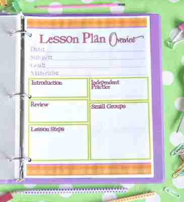 teacher lesson plan overview printable in a binder.