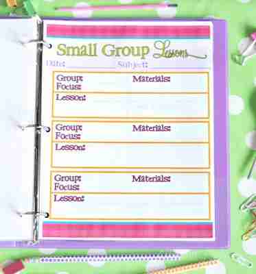 teacher small group lesson planner printable in a binder.