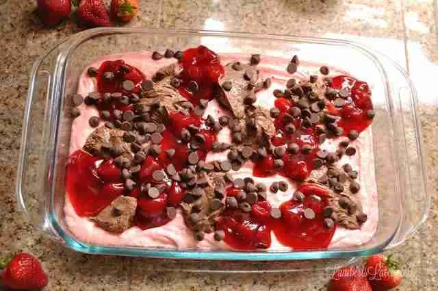 chocolate strawberry earthquake cake - topped with chocolate chips.