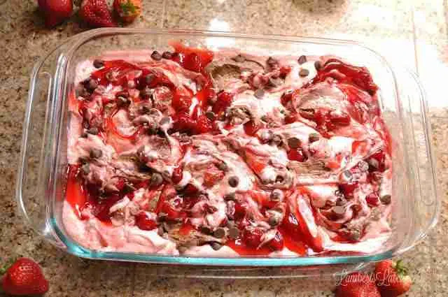strawberry and chocolate swirled into strawberry cake mix.