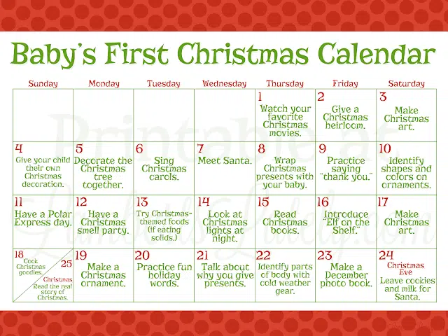 screenshot of 2016 baby\'s first christmas calendar.