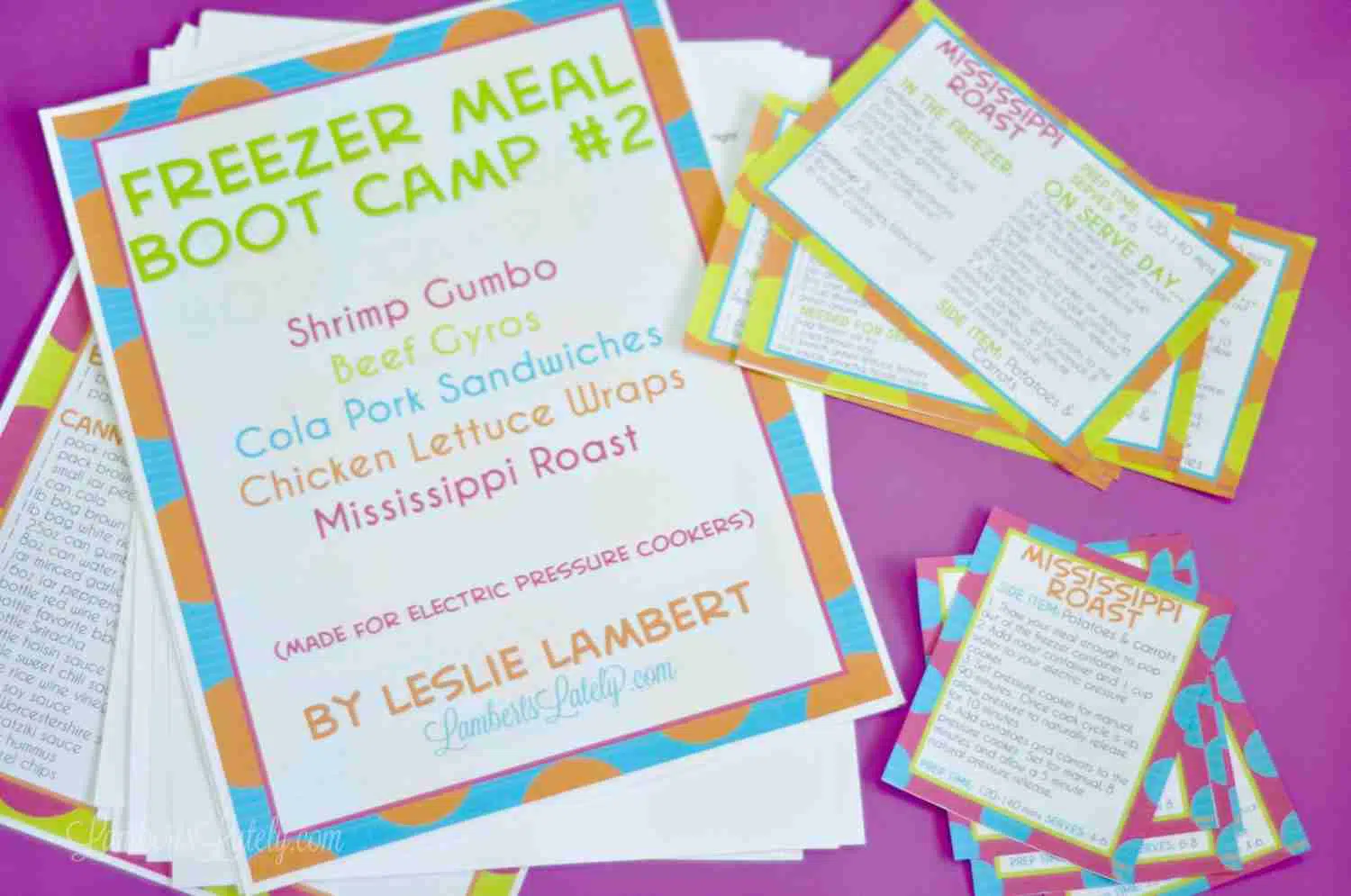 freezer meal boot camp printables on a purple background.