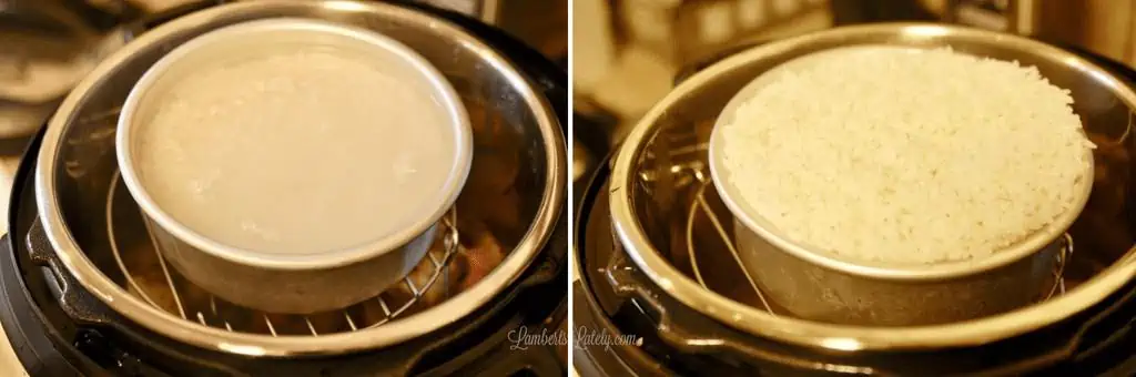 rice before and after cooking in a small pot inside an instant pot.