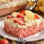 Strawberry banana poke cake with fresh fruit and cake mix topping.