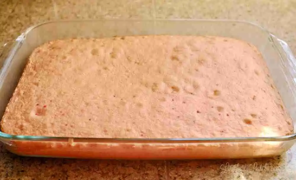 strawberry cake in a baking dish.