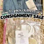 Packing clothes for consignment sale with pins and tags for easy display.