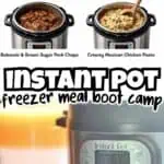 Four Instant Pot meals: Pulled BBQ Chicken, Vegetable Beef Soup, Balsamic Pork Chops, Mexican Pasta.