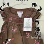 Organizational tips for consignment sales with pins and tags on clothing.