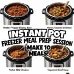 Collection of Instant Pot meals including chicken chili, sausage mac, veggie sloppy joes, honey sesa.