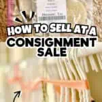 Display of clothing and accessories at consignment sale with overlay text and graphics.
