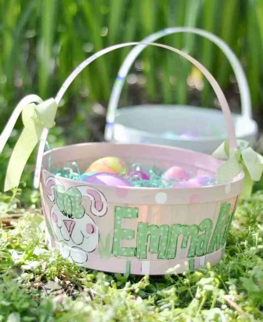 two easter baskets in the grass.