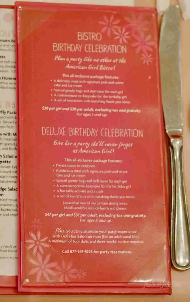 american girl bistro birthday celebration menu.