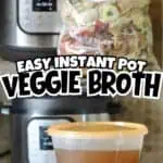 Homemade vegetable broth in two containers with a bag of vegetables above.