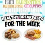 Healthy breakfast ideas for the week with eggs, bacon, and fruit.