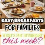 Family breakfast spread with eggs, pancakes, fruit, and coffee on a kitchen table.