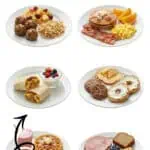Variety of healthy breakfast meal prep ideas with eggs, meats, and fruits.