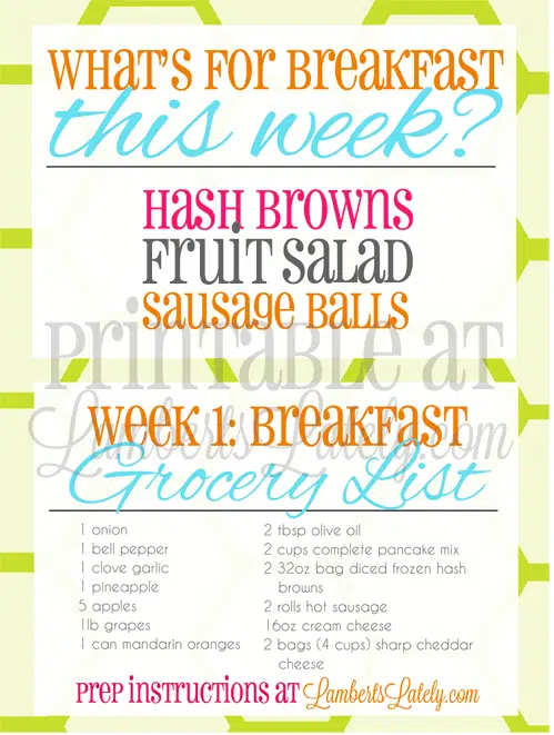 screenshot of what\'s for breakfast this week and grocery list for week 1.