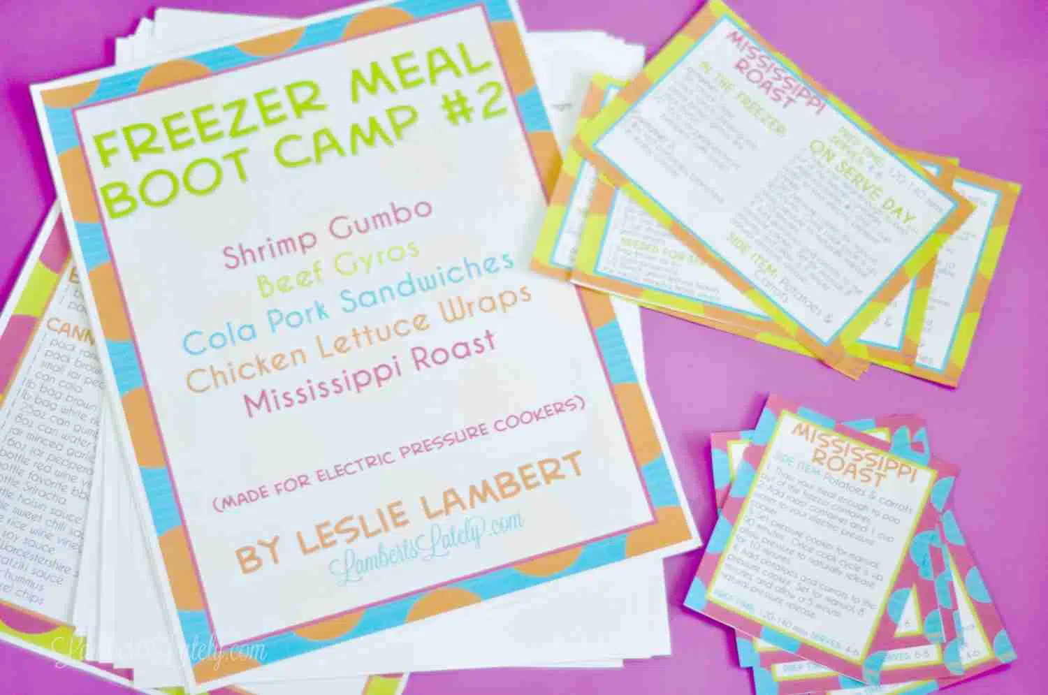 freezer meal printables on a pink background.