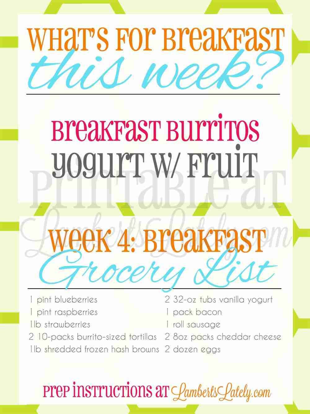 screenshot of what\'s for breakfast this week and grocery list for week 4.