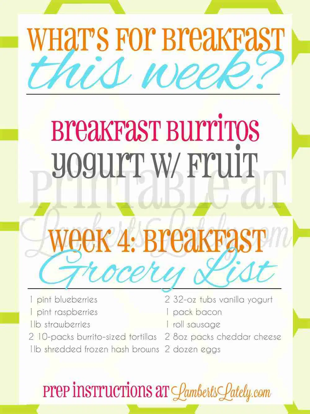 screenshot of what\'s for breakfast this week and grocery list for week 4.