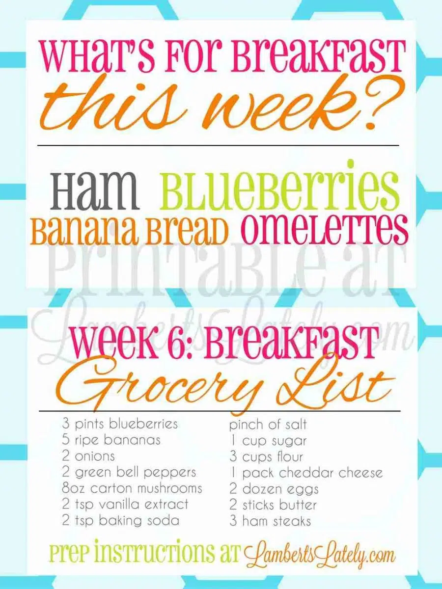 screenshot of what\'s for breakfast this week and grocery list for week 6.