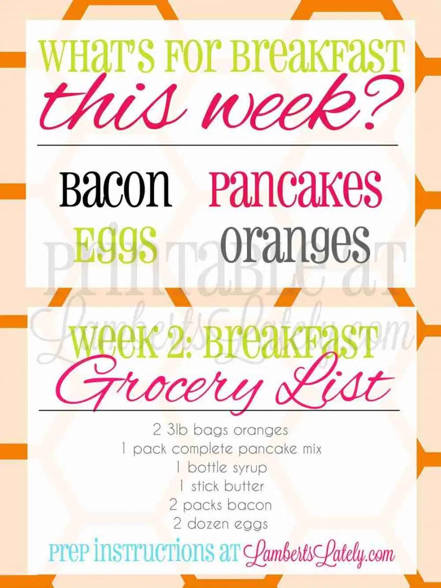 screenshot of what\'s for breakfast this week and grocery list for week 2.