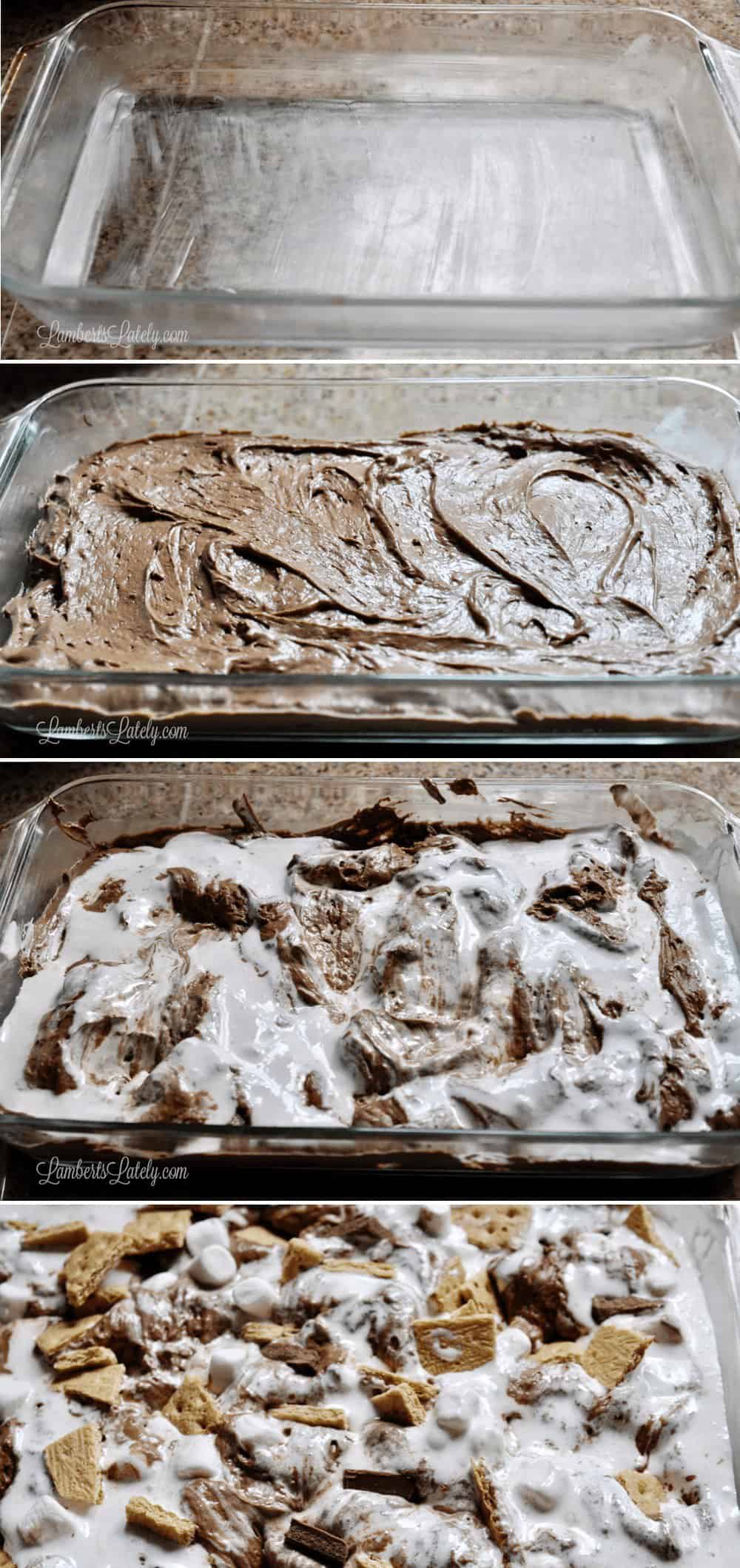 showing progression of making a smores earthquake cake.