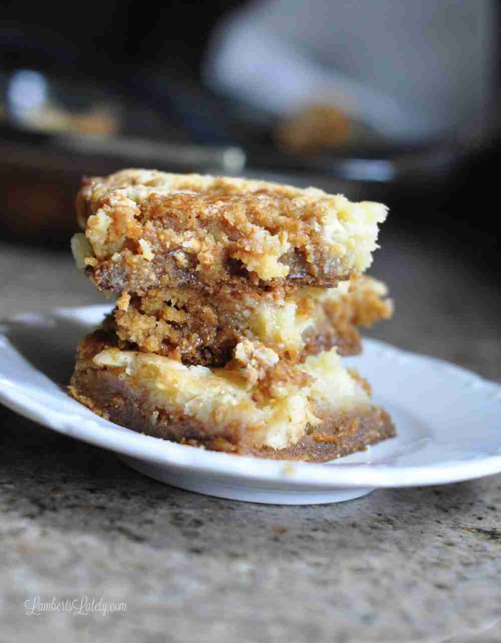 Salted Caramel Chess Squares are such a delicious dessert recipe for fall or winter! Rich caramel sauce and buttery cake make these bars so great for a party or potluck.
