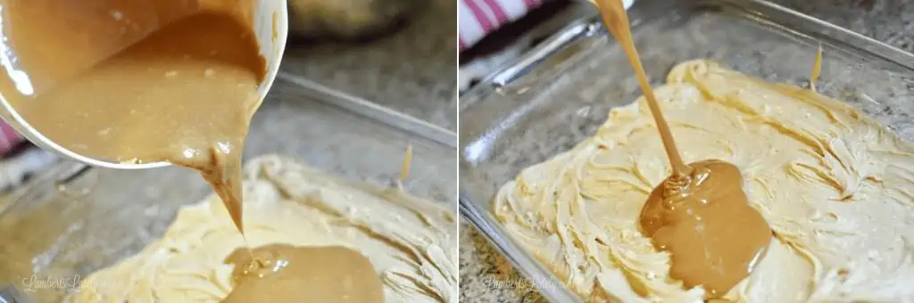 pouring caramel layer in a baking dish.